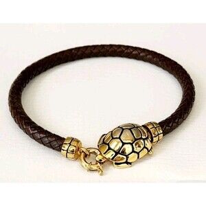 1996 Cabot Stamped Turtle Gold Tone Choker Necklace Braided Brown Leather Rare